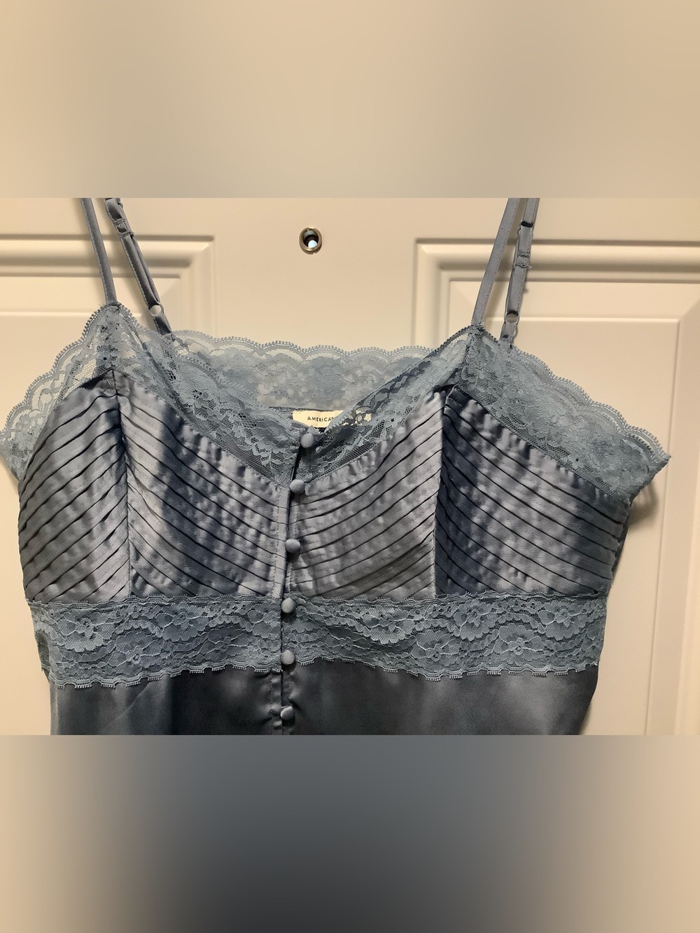 Dusty Blue Satin Lace Camisole with Buttons Pintuck Bodice Lg Romantic Feminine - Picture 4 of 8